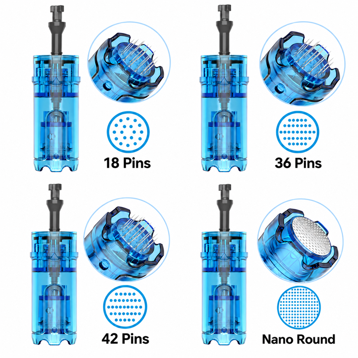 Κεφαλές Dr. Pen M9 και M8 Max 18, 36 και 42 βελονών και Nano Round με κοντινές λήψεις άκρων