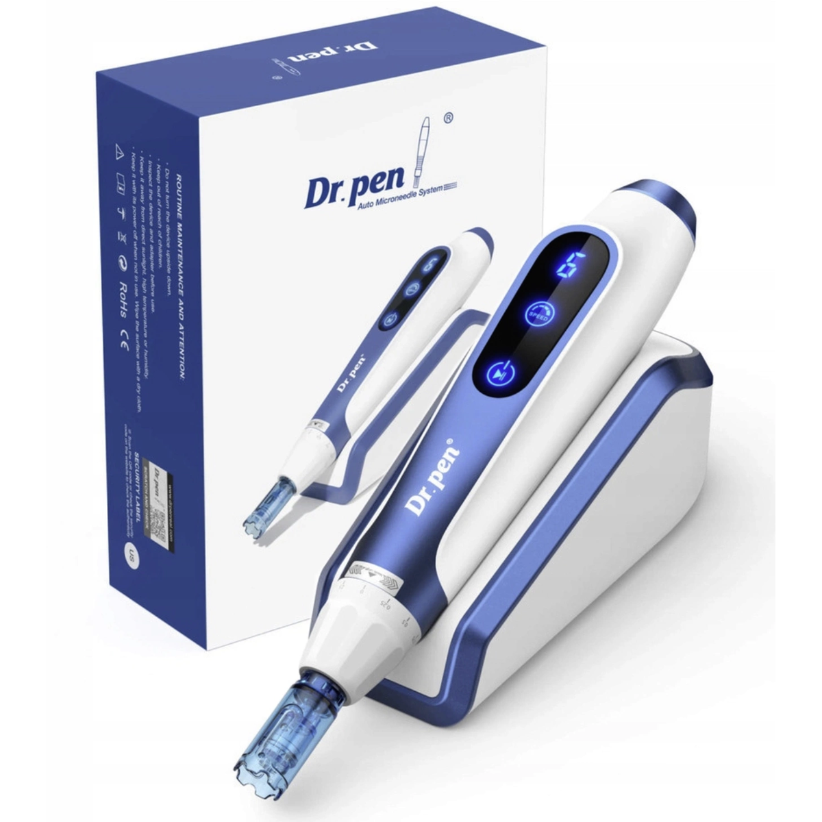 Μπλε και λευκή Dr. Pen A11 στη βάση παύσης δίπλα στην αρχική συσκευασία