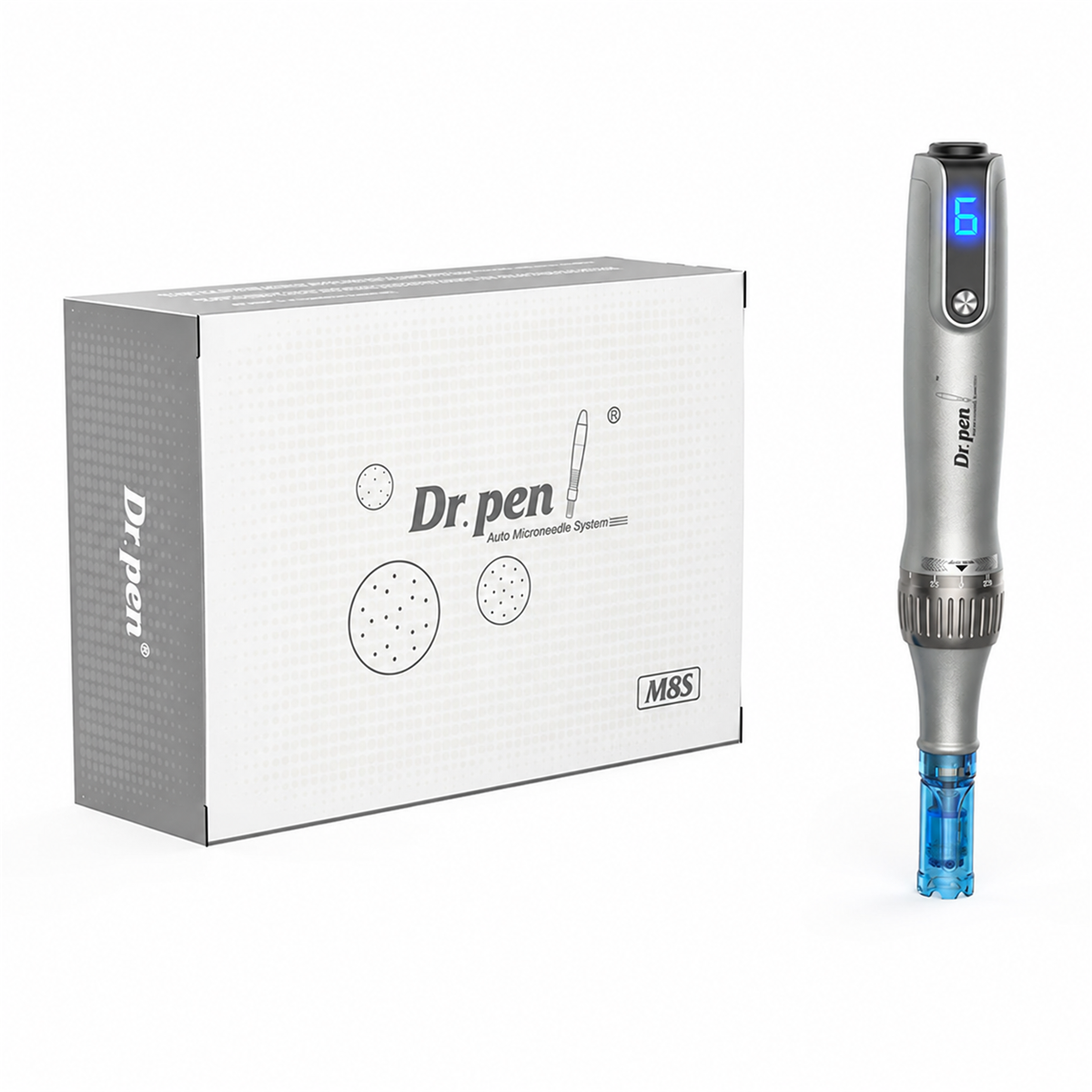 Ασημί Dr. Pen M8s με μπλε κεφαλή δίπλα στην αρχική συσκευασία M8S