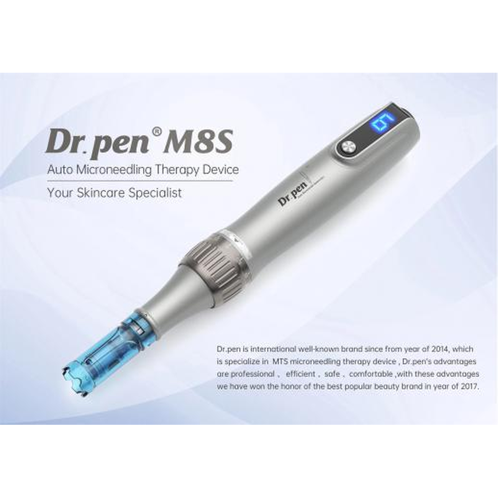Dr. Pen M8s σε διαγώνια θέση με ψηφιακή οθόνη και τοποθετημένη μπλε κεφαλή