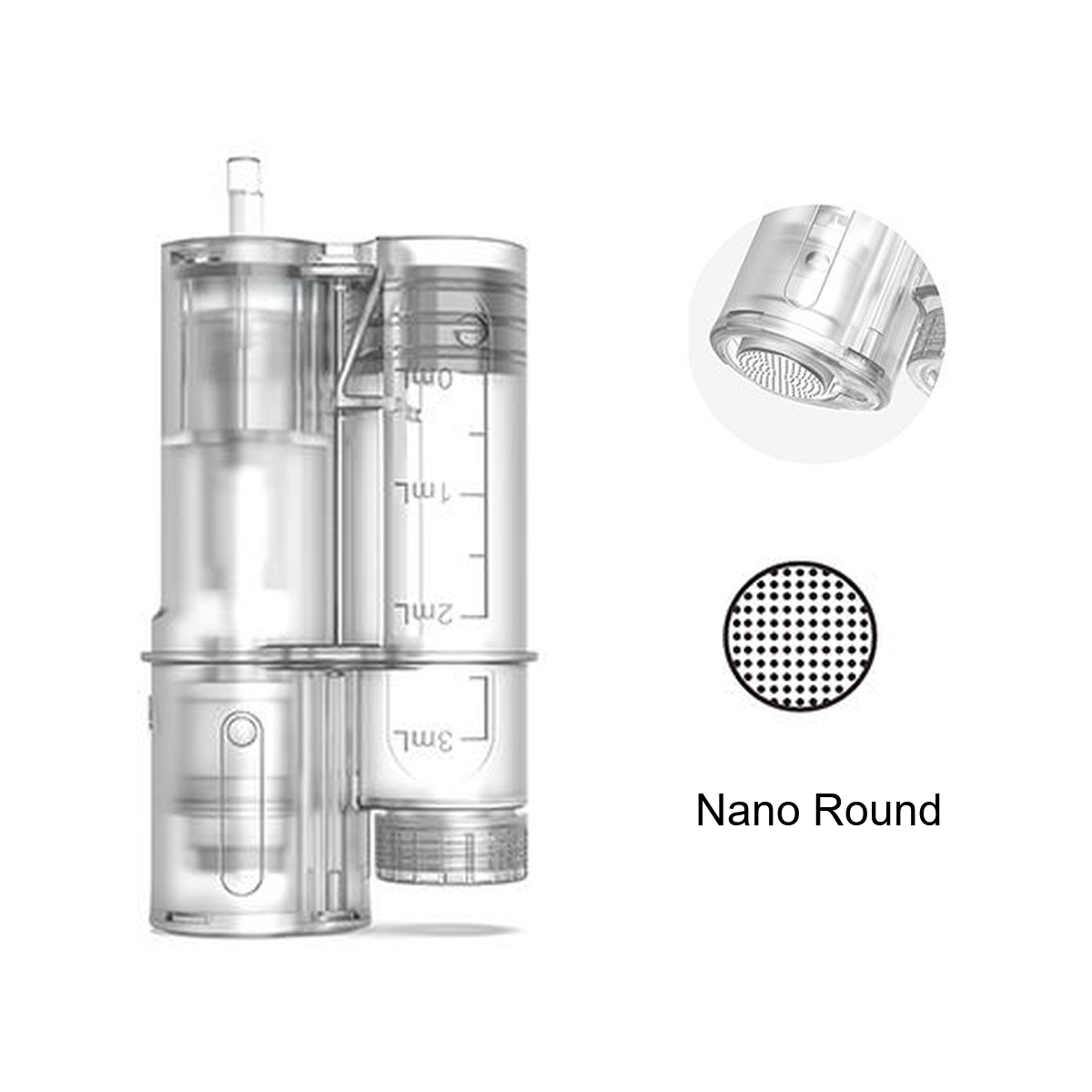 Ανταλλακτική κεφαλή Hydra Pen H6 Nano Round με βαθμονομημένο δοχείο και λεπτομέρεια στρογγυλού άκρου επαφής