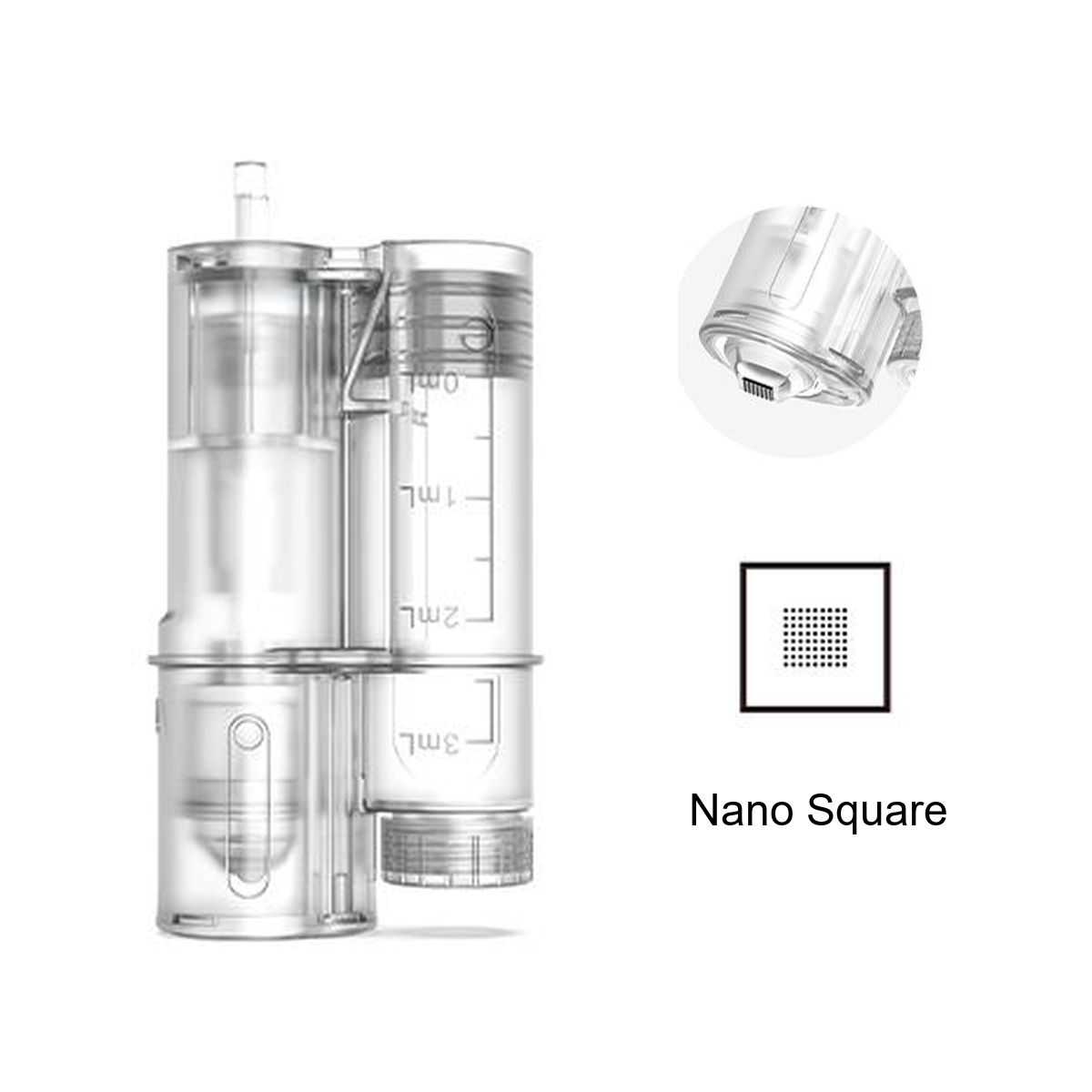 Ανταλλακτική κεφαλή Hydra Pen H6 Nano Square με βαθμονομημένο δοχείο και λεπτομέρεια τετράγωνου άκρου επαφής